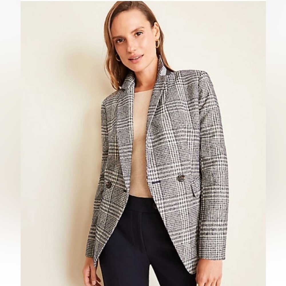 ANN TAYLOR Classic Plaid Double Breasted Tweed Blazer Jacket 8 Navy Ivory